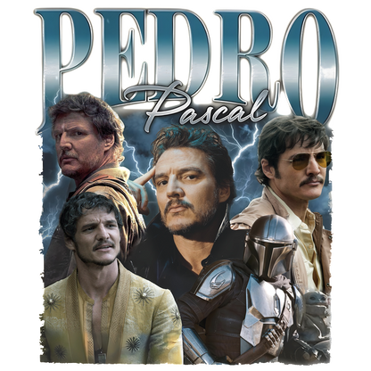 A vibrant collage featuring Pedro Pascal in various iconic roles, showcasing his versatility as an actor with dynamic expressions and styles.DTF Transfersdtf regular iron