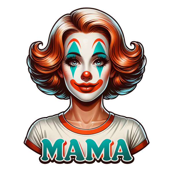 Una divertida ilustración de payaso que presenta una alegre figura con maquillaje colorido, cabello peinado y una camiseta que muestra audazmente la palabra "MAMA".