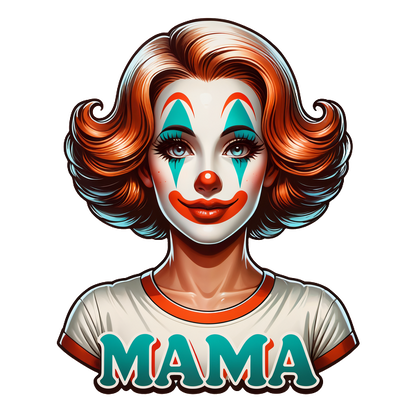 Una divertida ilustración de payaso que presenta una alegre figura con maquillaje colorido, cabello peinado y una camiseta que muestra audazmente la palabra "MAMA".