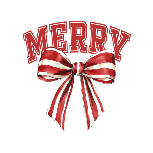 A festive design featuring the word "MERRY" in bold red letters, accented by a cheerful red and white striped ribbon. dtf transfers