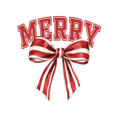 A festive design featuring the word "MERRY" in bold red letters, accented by a cheerful red and white striped ribbon. dtf transfers