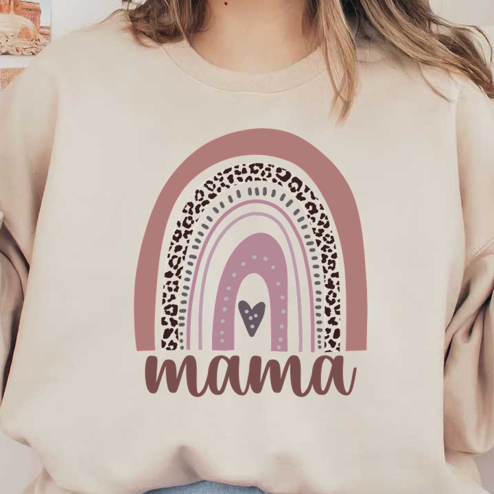 A stylish mama-themed design featuring a colorful rainbow with leopard print accents and the word "mama" in a playful font. dtf prints