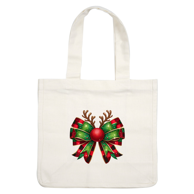 A festive Christmas bow featuring green and red ribbons with star patterns, topped with a red ball and reindeer antlers. heat press transfers