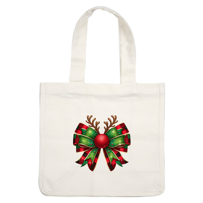 A festive Christmas bow featuring green and red ribbons with star patterns, topped with a red ball and reindeer antlers. heat press transfers