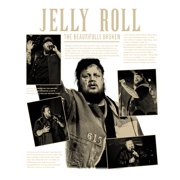 A striking tribute to Jelly Roll, featuring dynamic live performance photos and highlights of his impactful journey in music.DTF Transfers dtf transfers