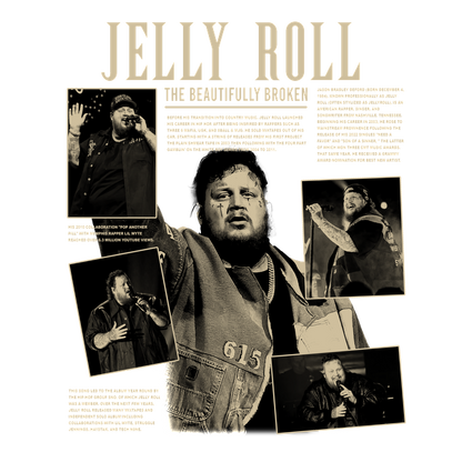 A striking tribute to Jelly Roll, featuring dynamic live performance photos and highlights of his impactful journey in music.DTF Transfers dtf transfers