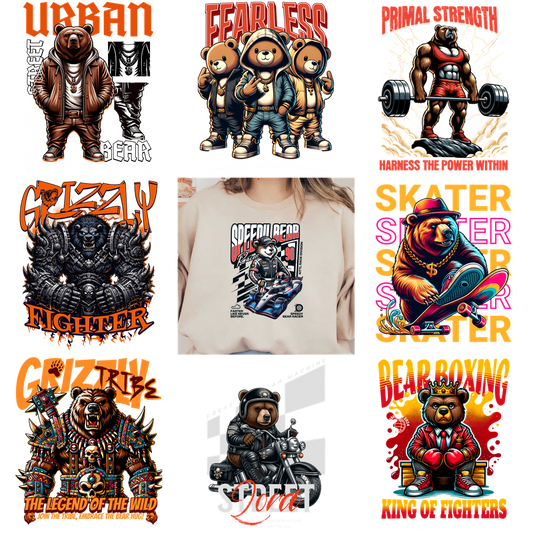 Riding bear t-shirt with a motorcycle graphic.DTF Transfers