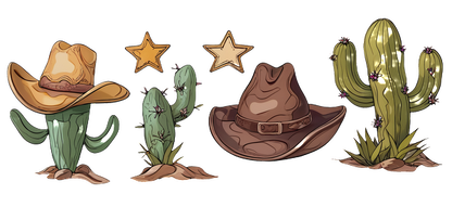 A playful illustration featuring cacti wearing cowboy hats, alongside stars, capturing the fun spirit of the Wild West.UV Transfers heat press transfers