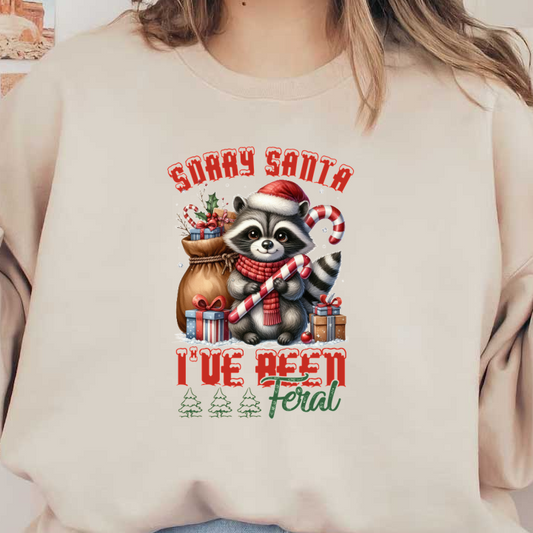 A cute raccoon wearing a Santa hat holds candy canes near festive gifts, with the playful text: "Sorry Santa, I've been Feral." dtf transfers