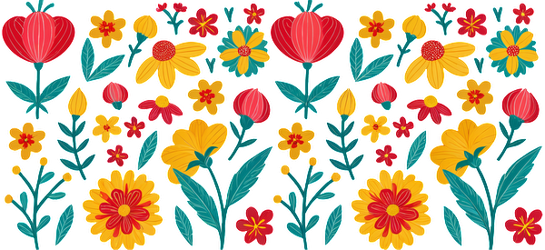 A vibrant floral pattern featuring red, yellow, and blue flowers surrounded by lush green leaves, perfect for cheerful designs.UV Transfers dtf transfers