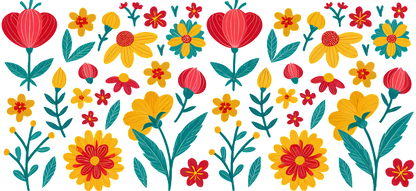 A vibrant floral pattern featuring red, yellow, and blue flowers surrounded by lush green leaves, perfect for cheerful designs.UV Transfers dtf transfers