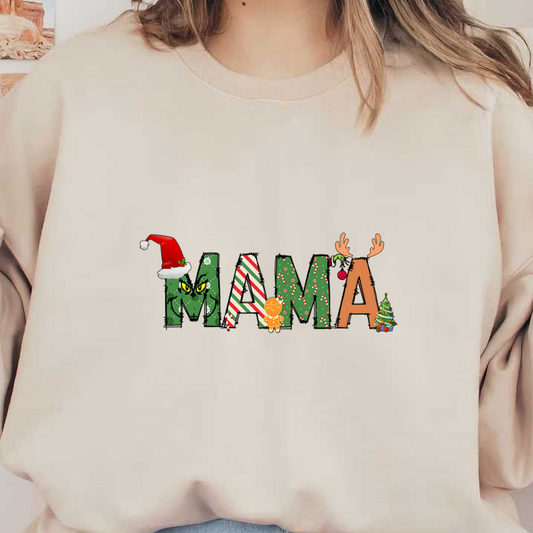 Celebrate the season with this festive "MAMA" design featuring a whimsical mix of holiday characters, colors, and decorations!DTF Transfersdtf regular iron heat press transfers