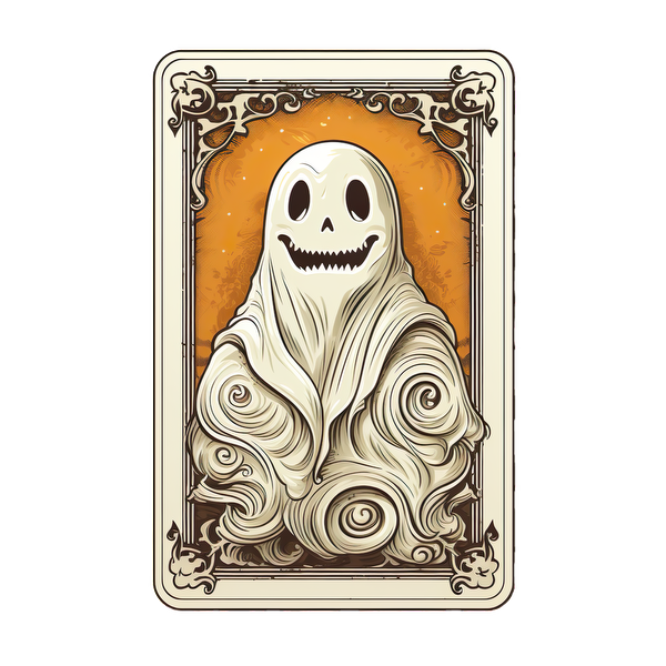 Una caprichosa ilustración de un fantasma que presenta un personaje amigable y sonriente envuelto en una tela fluida y ondulada sobre un fondo naranja.