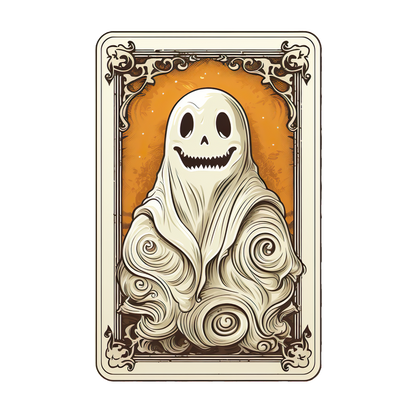 Una caprichosa ilustración de un fantasma que presenta un personaje amigable y sonriente envuelto en una tela fluida y ondulada sobre un fondo naranja.