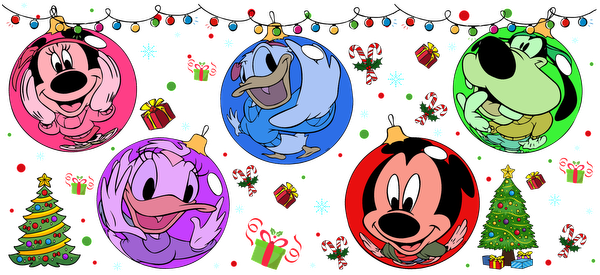 Celebrate the holidays with these vibrant cartoon Christmas ornaments featuring Mickey, Minnie, Donald, and Goofy in festive colors!UV Transfers dtf transfers