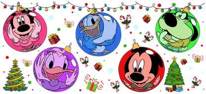 Celebrate the holidays with these vibrant cartoon Christmas ornaments featuring Mickey, Minnie, Donald, and Goofy in festive colors!UV Transfers dtf transfers