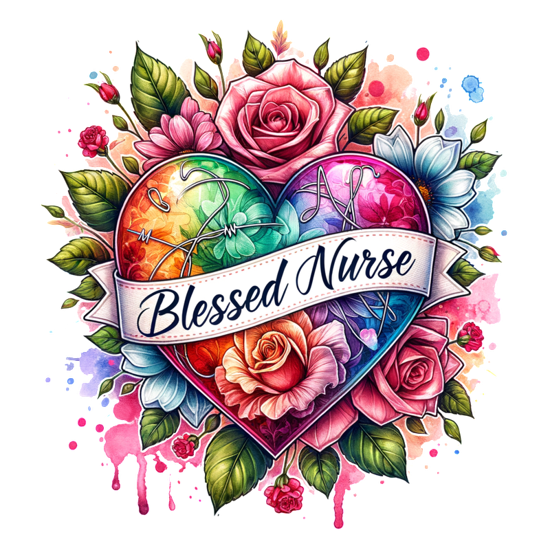 A vibrant, colorful heart surrounded by flowers and a banner reading "Blessed Nurse," celebrating the nursing profession with artistic flair.DTF Transfers