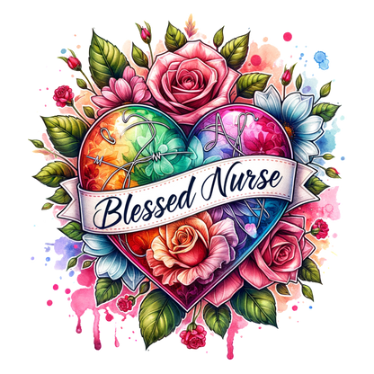 A vibrant, colorful heart surrounded by flowers and a banner reading "Blessed Nurse," celebrating the nursing profession with artistic flair.DTF Transfers