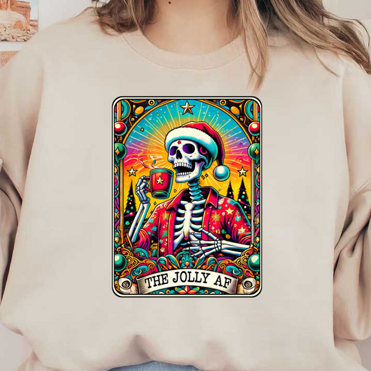 A vibrant, festive artwork featuring a skeleton in a Christmas hat, holding a cup, surrounded by colorful holiday elements.dtf regular iron