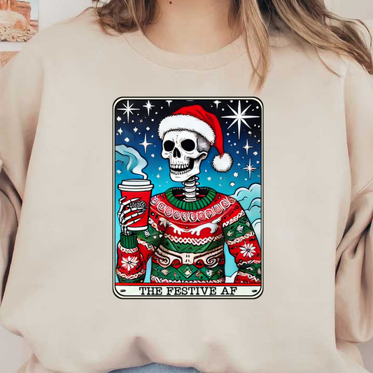 A playful skeleton in a colorful Christmas sweater and Santa hat holds a coffee cup, radiating festive spirit. heat press transfers