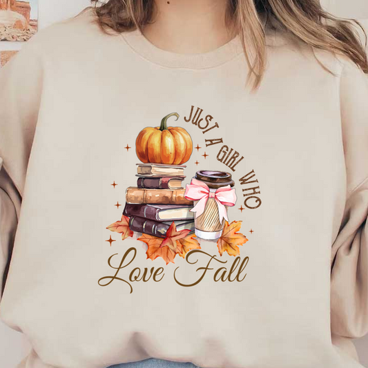 A cozy fall-themed illustration featuring a stack of books, a pumpkin, and a coffee cup, celebrating autumn love. dtf transfers