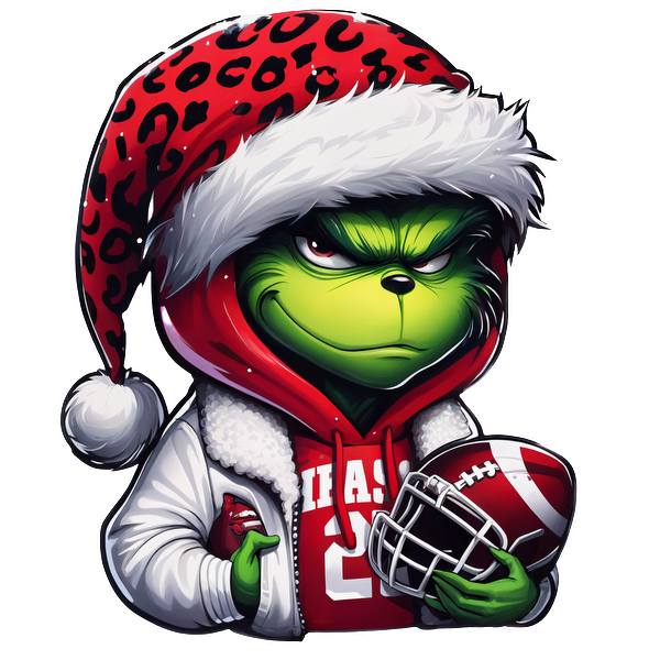 A playful Grinch character in a red and white Santa hat, wearing a sporty jacket and holding a football.DTF Transfers dtf transfers