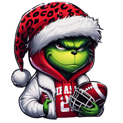 A playful Grinch character in a red and white Santa hat, wearing a sporty jacket and holding a football.DTF Transfers dtf transfers