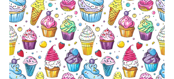 A colorful pattern featuring various cupcakes and ice cream cones, perfect for celebrations!UV Transfers