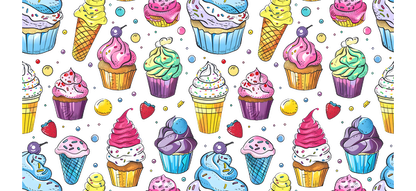 A colorful pattern featuring various cupcakes and ice cream cones, perfect for celebrations!UV Transfers