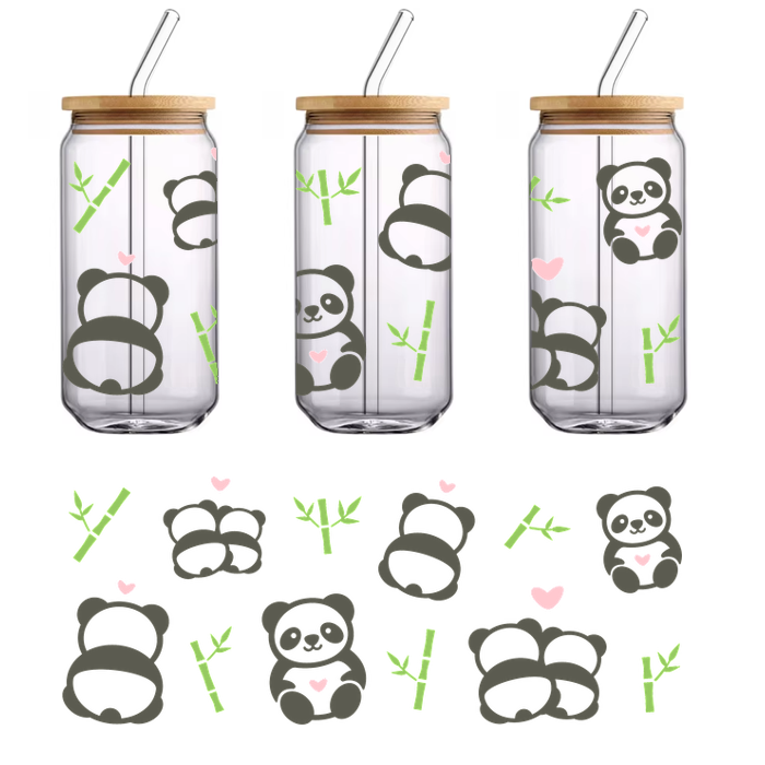 An adorable array of cartoon pandas and bamboo, featuring hearts and playful designs.UV Transfers