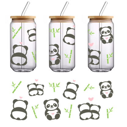 An adorable array of cartoon pandas and bamboo, featuring hearts and playful designs.UV Transfers