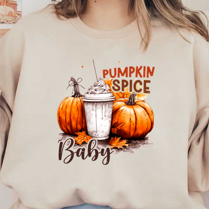 A festive illustration featuring a pumpkin spice drink surrounded by vibrant pumpkins and autumn leaves, perfect for fall vibes.dtf regular iron