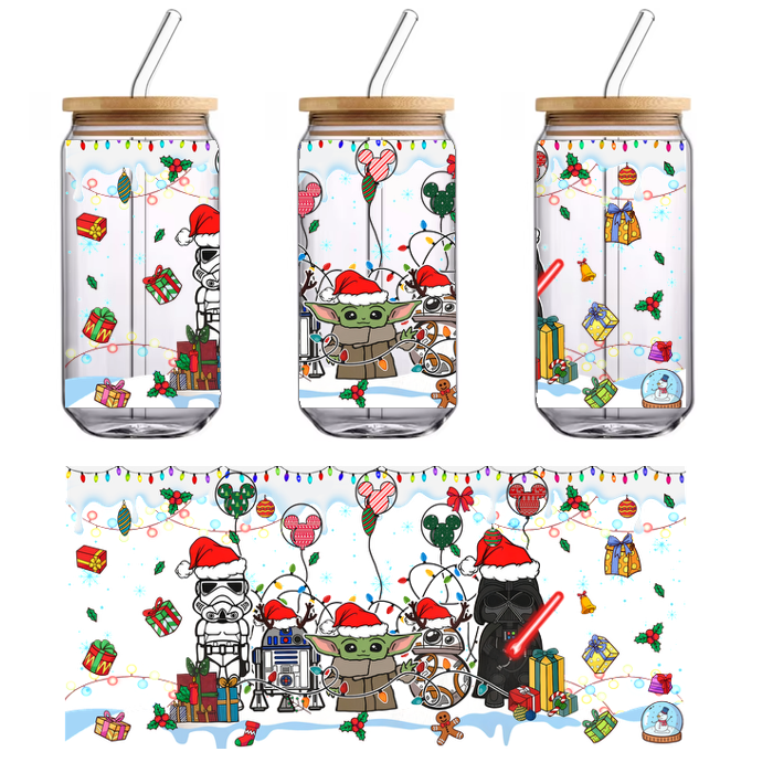 A festive illustration featuring beloved Star Wars characters in Santa hats amidst holiday decorations, surrounded by colorful gifts and lights.UV Transfersdtf regular iron