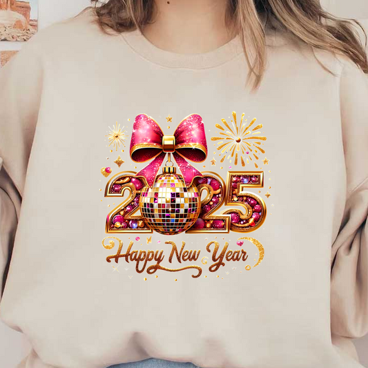 Celebrate the New Year 2025 with this vibrant, glittery design featuring a disco ball, festive bow, and colorful fireworks!DTF Transfers