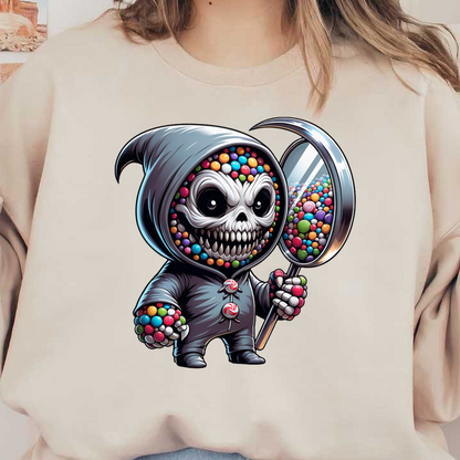 A whimsical, colorful character resembling a skeleton in a hooded cloak, holding a magnifying glass filled with candies. heat press transfers