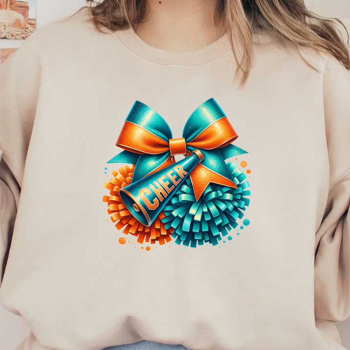 A vibrant graphic featuring a cheer megaphone with "CHEER" text, surrounded by colorful pom-poms and a sparkling bow.DTF Transfersdtf regular iron