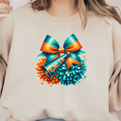 A vibrant graphic featuring a cheer megaphone with "CHEER" text, surrounded by colorful pom-poms and a sparkling bow.DTF Transfersdtf regular iron