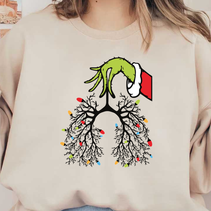 A whimsical illustration featuring the Grinch's hand adorned with a Santa hat, playfully hanging Christmas lights from tree-like branches.DTF Transfers dtf prints