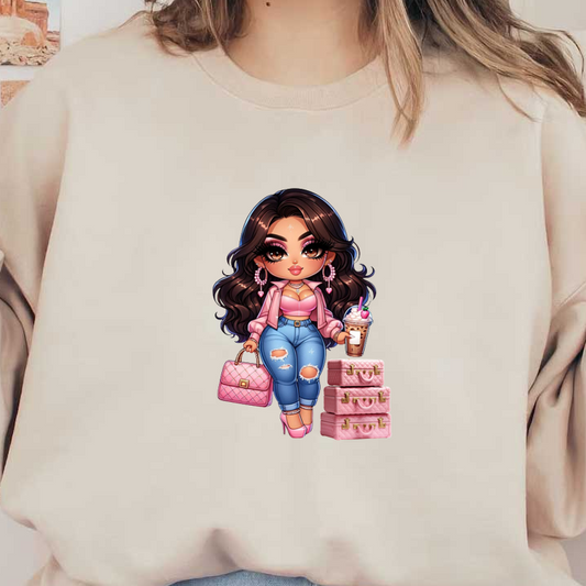 A stylish character with long hair, wearing a pink outfit, holding a drink, and carrying a chic pink handbag. heat press transfers