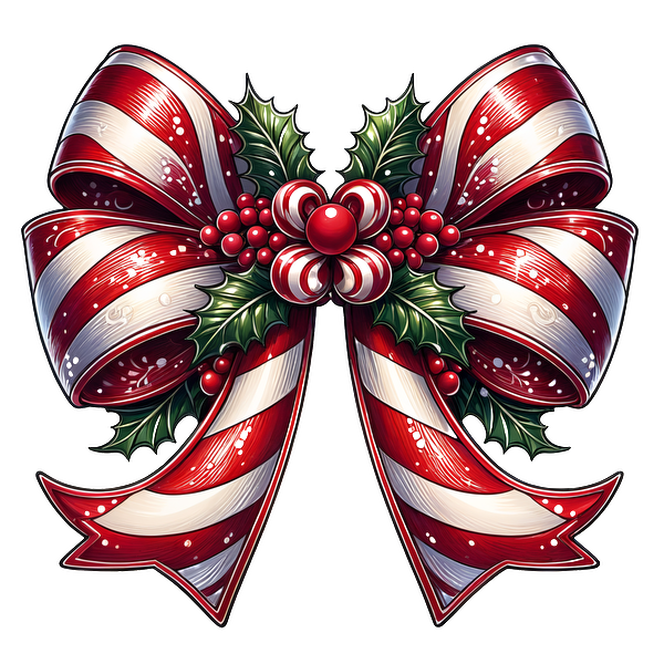 A vibrant red and white striped bow adorned with festive holly and berries, perfect for holiday decorations. dtf prints