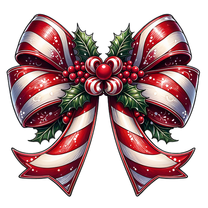 A vibrant red and white striped bow adorned with festive holly and berries, perfect for holiday decorations. dtf prints