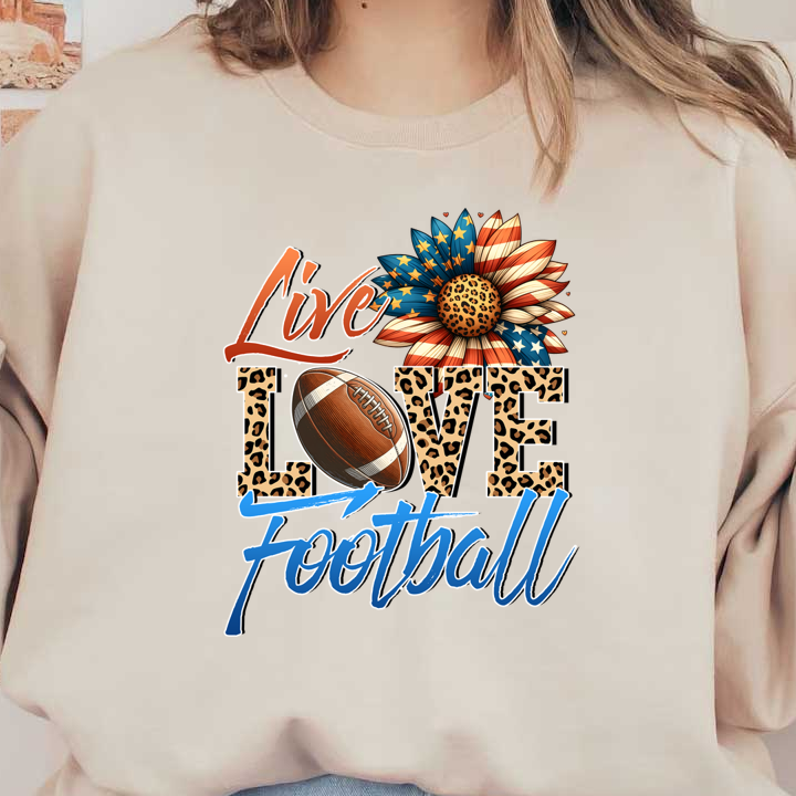 Un gráfico vibrante que presenta un balón de fútbol, ​​un estampado de leopardo y un diseño floral patriótico con las frases "Vive", "Ama" y "Fútbol".