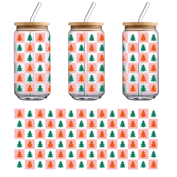 A festive pattern featuring alternating green and orange trees on a pink background, perfect for holiday-themed designs.UV Transfers dtf prints