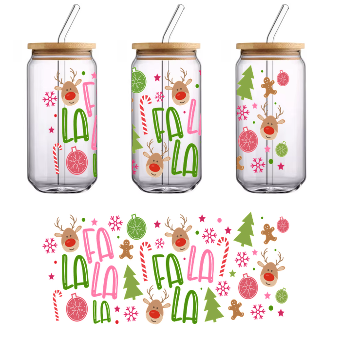 A colorful holiday-themed illustration featuring festive elements like reindeer, Christmas trees, candy canes, and cheerful "Fa La La" text.UV Transfers dtf transfers