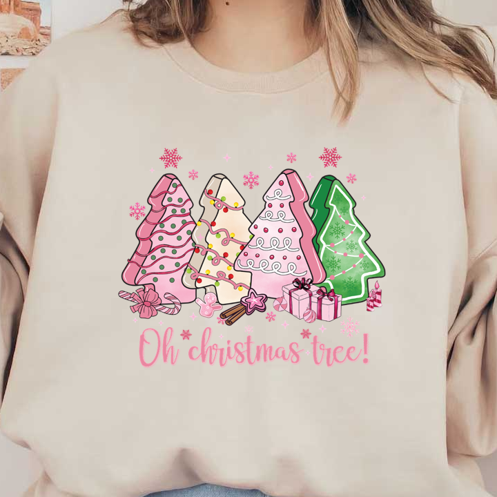 Cheerful illustration of colorful Christmas trees with decorations, accompanied by gifts and the festive phrase "Oh Christmas tree!" dtf transfers