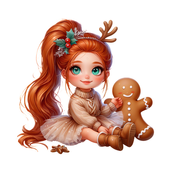 A whimsical holiday-themed illustration of a girl with long red hair, festive attire, and a charming gingerbread cookie.DTF Transfers dtf prints