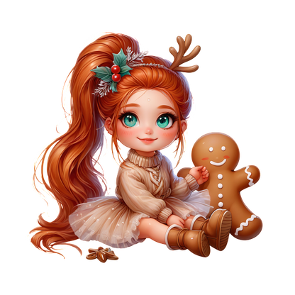 A whimsical holiday-themed illustration of a girl with long red hair, festive attire, and a charming gingerbread cookie.DTF Transfers dtf prints