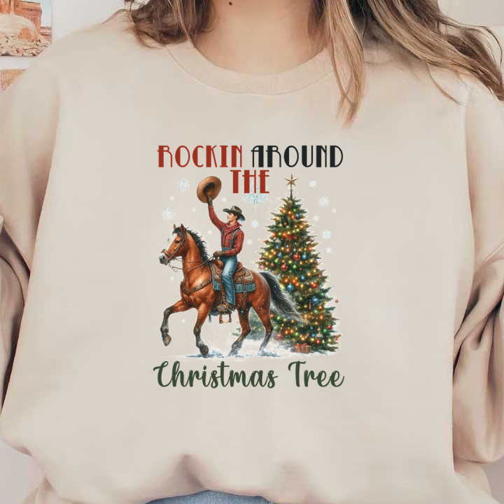 A festive cowboy joyfully rides a horse while celebrating Christmas around a beautifully decorated tree. dtf prints