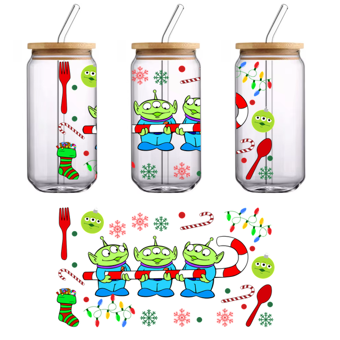 Three adorable green aliens joyfully hold a festive candy cane amidst cheerful holiday decorations like candy, ornaments, and lights.UV Transfers