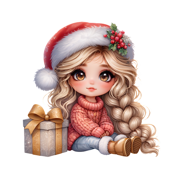 A charming girl in a Santa hat and cozy pink sweater sits beside a beautifully wrapped gift, ready for the holidays.DTF Transfersdtf regular iron